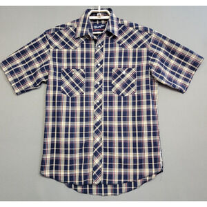 Wrangler Western Pearl Snap Shirt Mens 15.5 M Blue Plaid X-Long Tail Casual